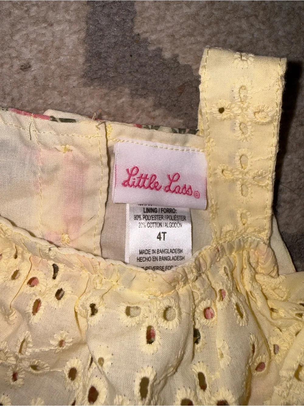 Little Lass Pale Yellow Eyelet Dress with Pink Accents
